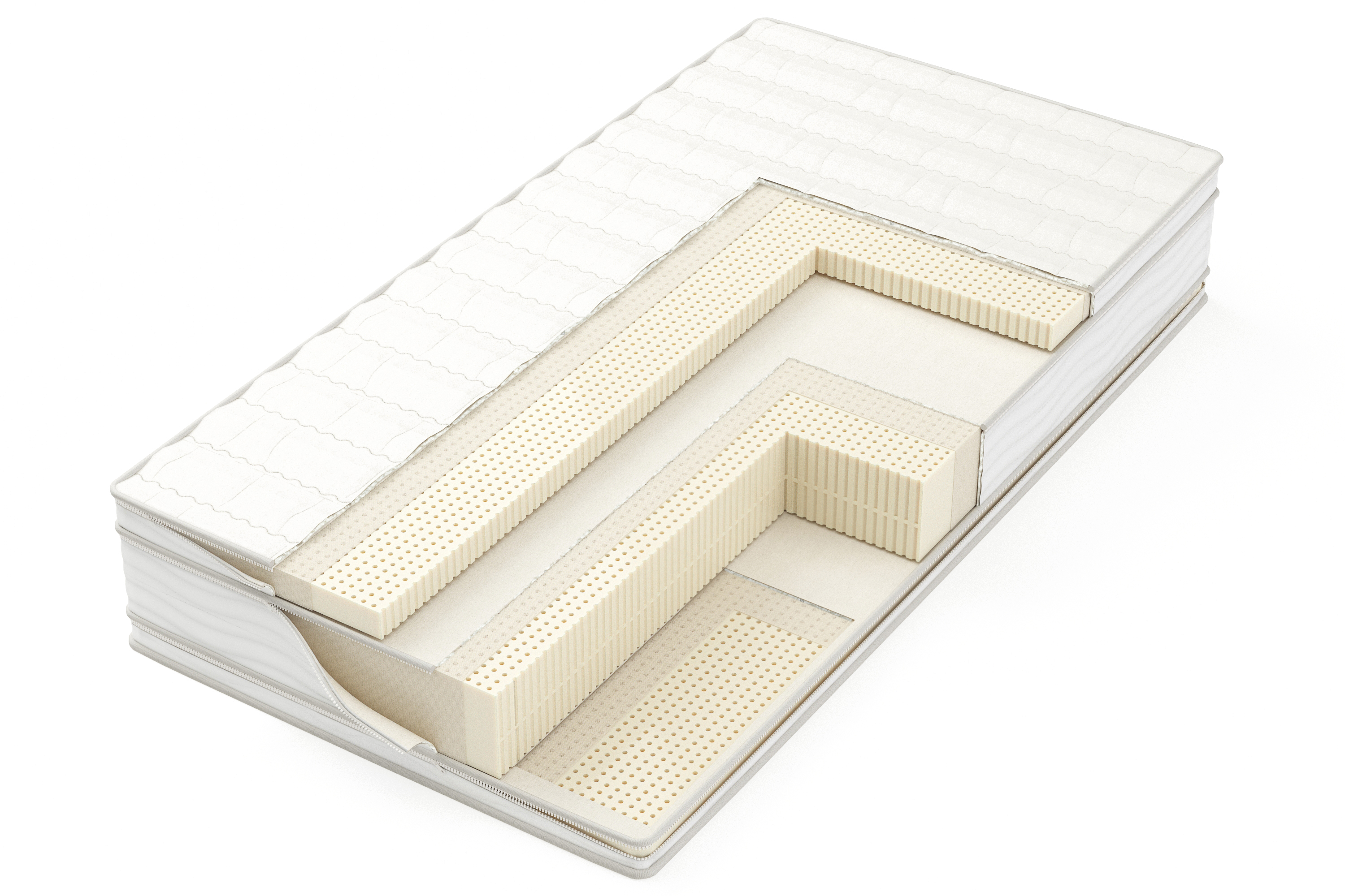 Cutaway of The Ultimate 12 inch Latexpedic latex mattress showing three latex layers under cotton and wool quilting